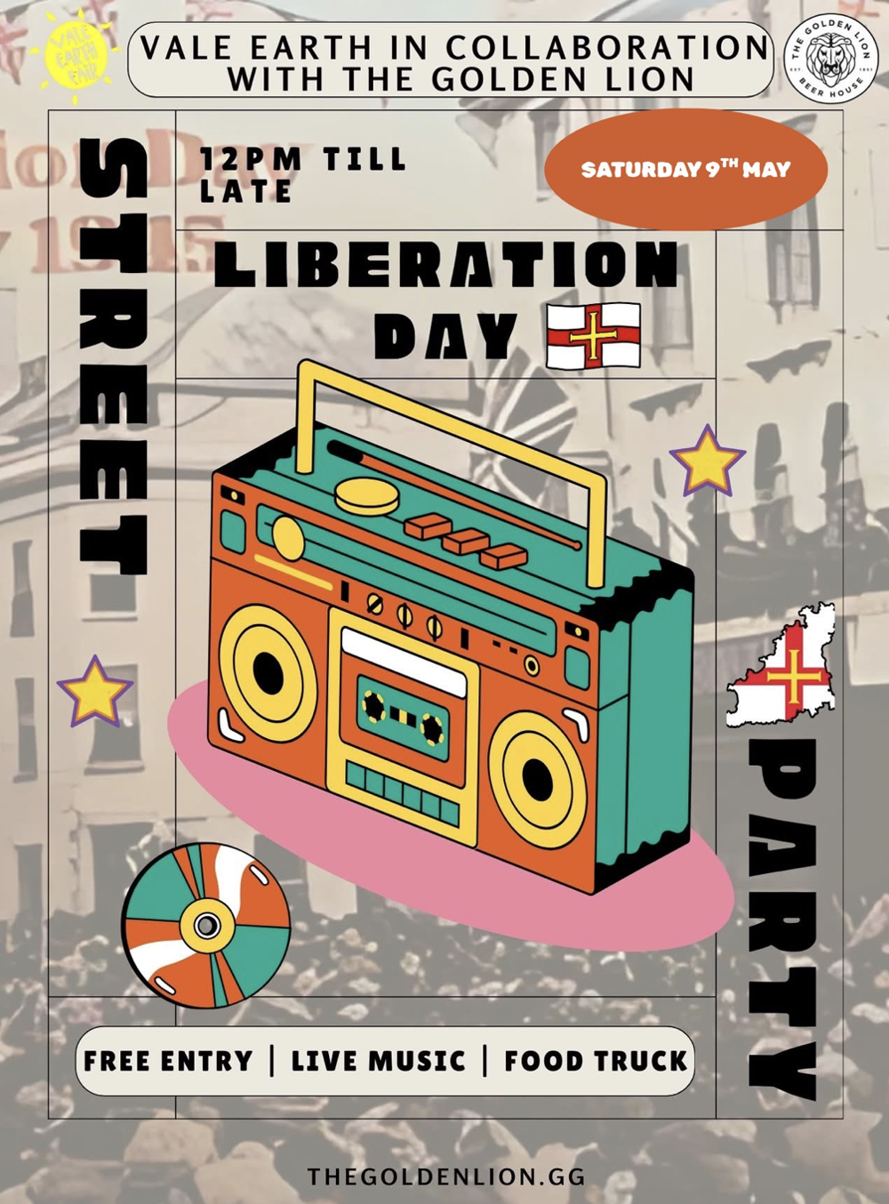 Poster for Vale Earth Fair and The Golden Lion present: Liberation Day Street Party!