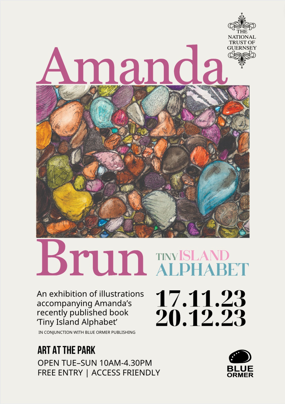 Poster for Tiny Island Alphabet exhibition by Amanda Brun, published by Blue Ormer.
