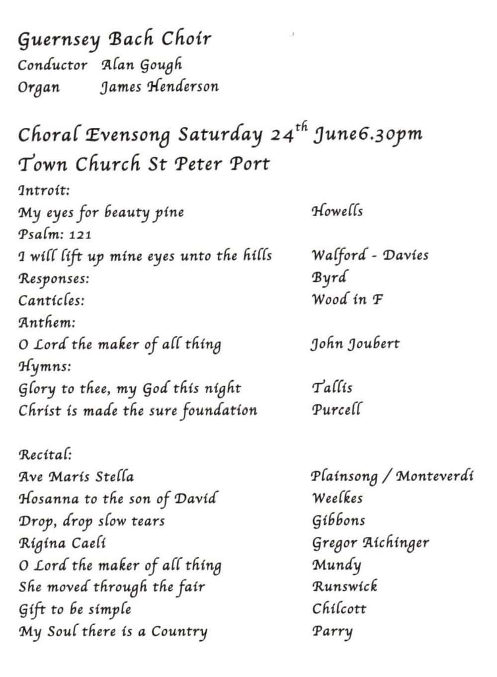 Poster for Choral Evenson & Recital with the Guernsey Bach Choir
