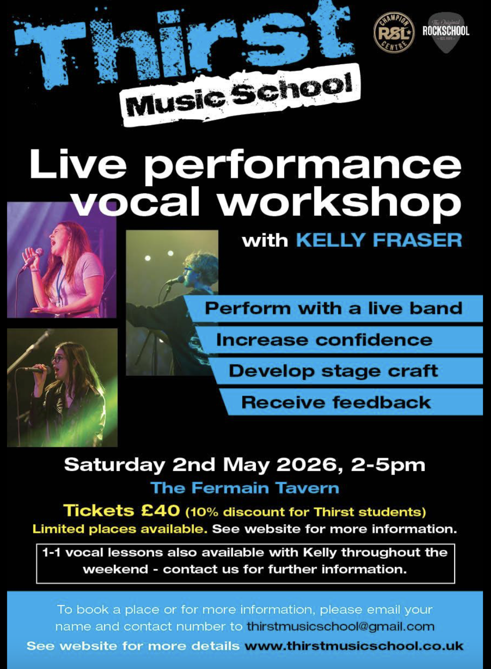 Poster for Thirst Music School: Live Performance Vocal Workshop!