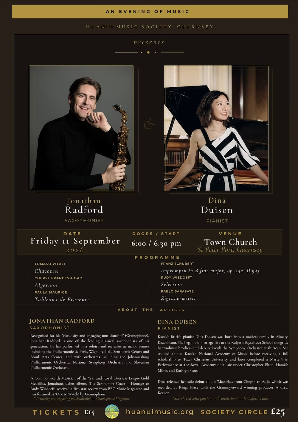 Poster for An Evening of Music - Jonathan Radford (Saxophone) and Dina Duisen (Piano)