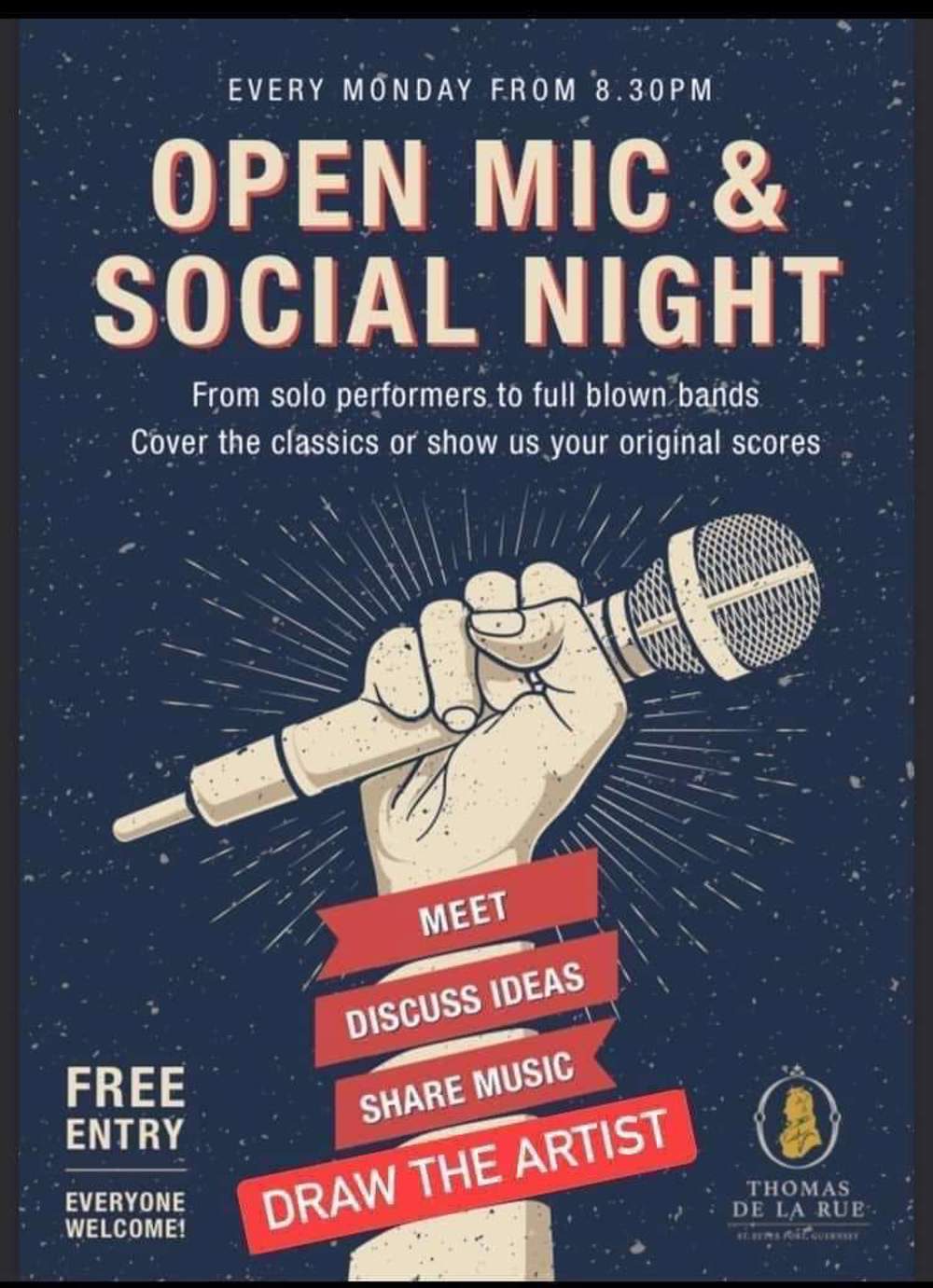 Poster for Thomas De La Rue Open Mic & Social