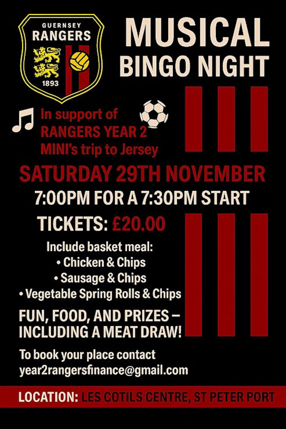 Poster for Musical Bingo night - Supporting Guernsey Ranger FC Minis Yr 2