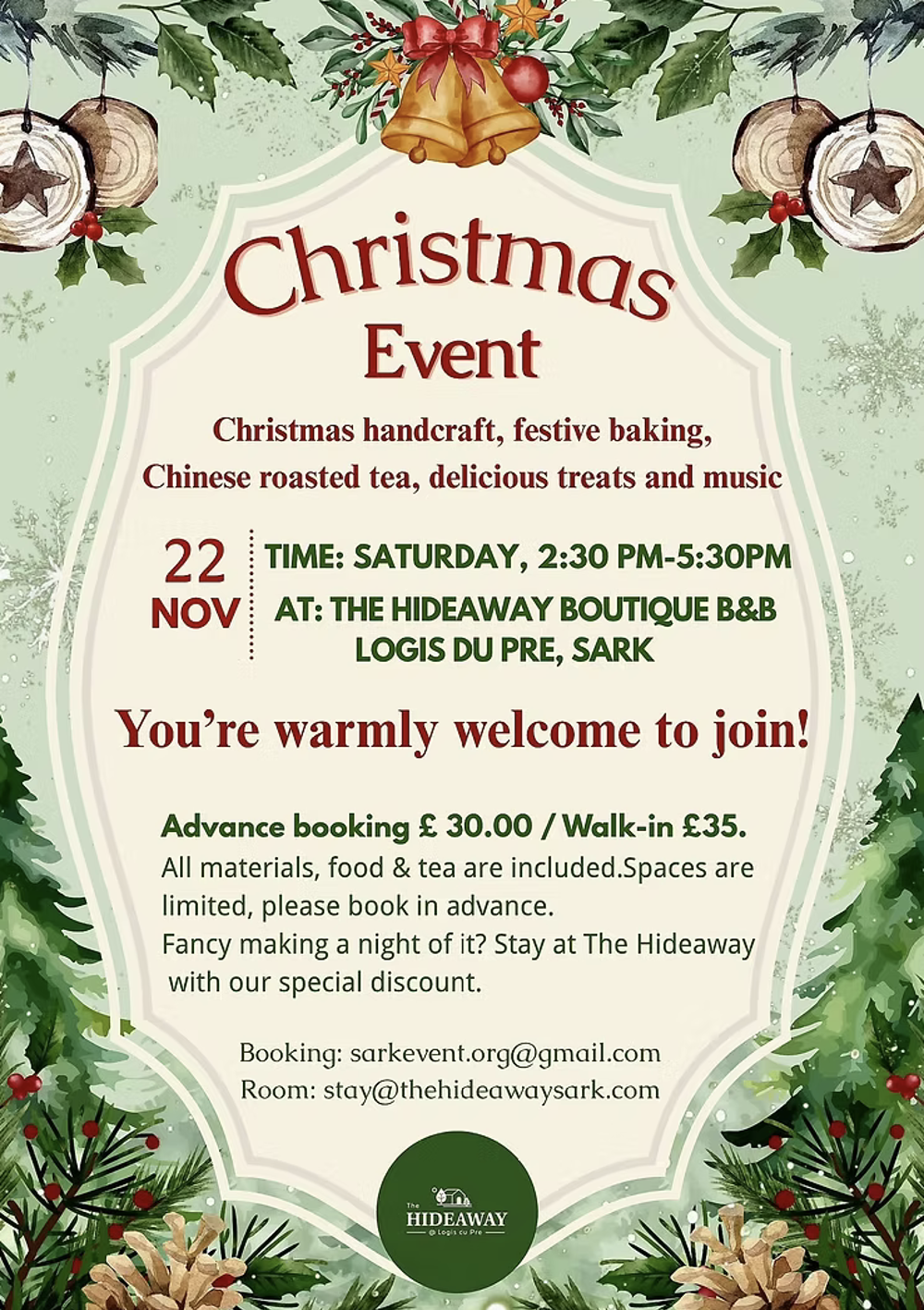 Poster for Christmas Event at The Hideaway, Sark!