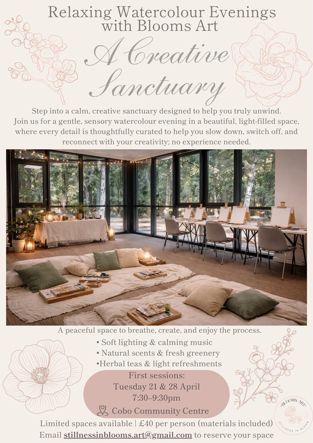 Poster for Relaxing Watercolour Evenings with Blooms Art
