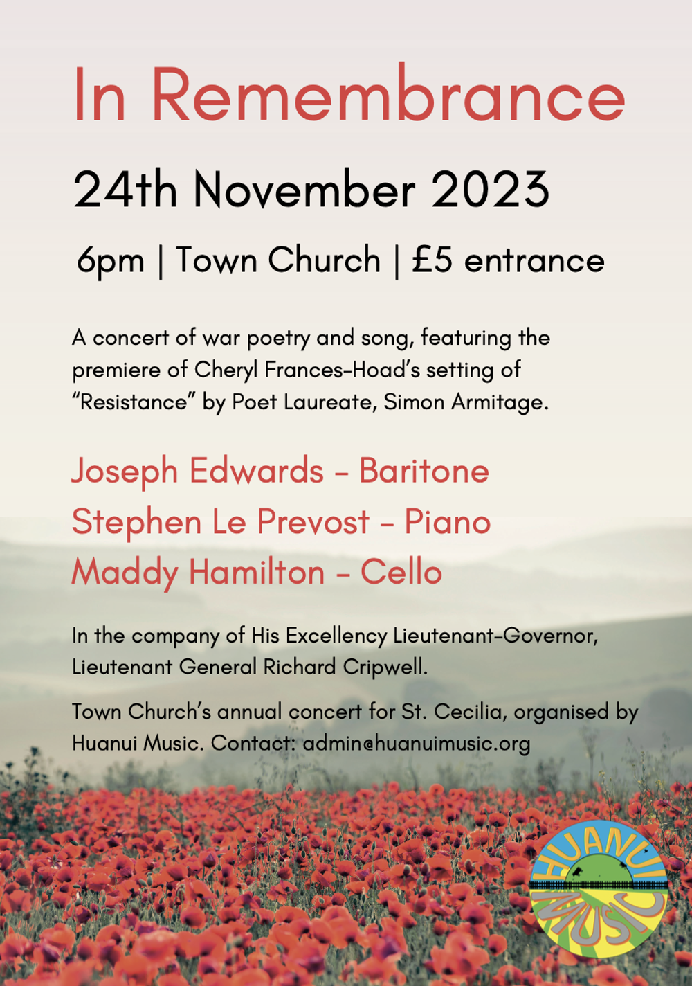 Poster for 'In Remembrance' concert at Town Church