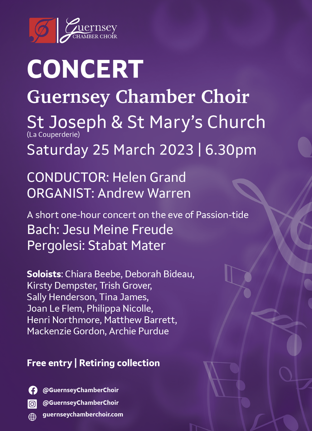 Poster for Guernsey Chamber Choir at St Joseph and St Mary's Church