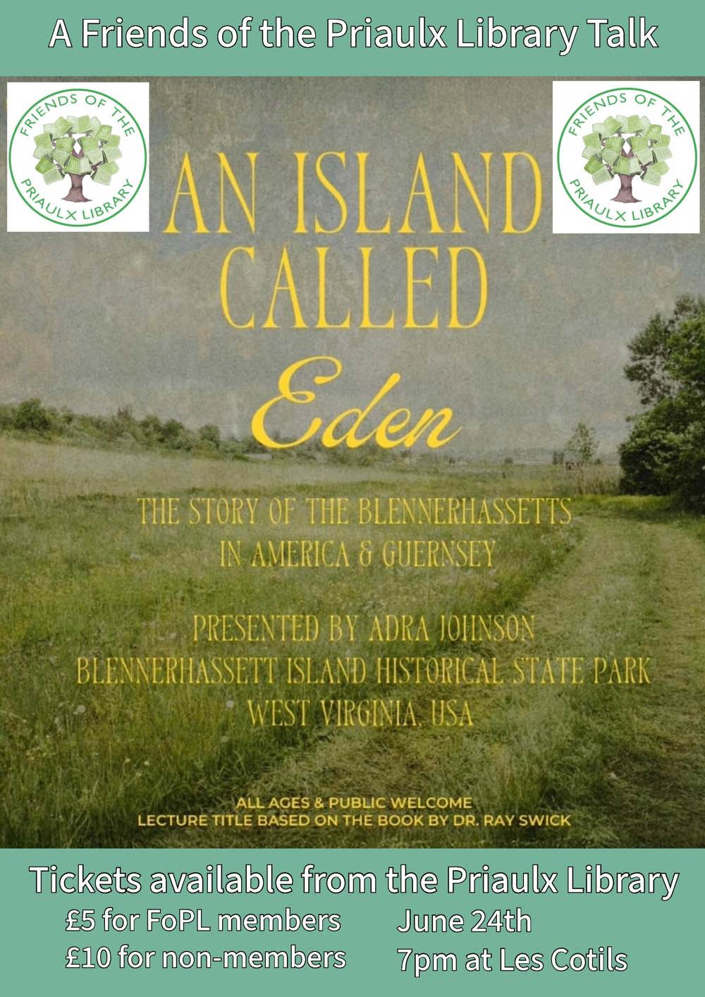Poster for AN ISLAND CALLED EDEN - A lecture by Adar Johnson on behalf of The Friends of the Priaulx Library