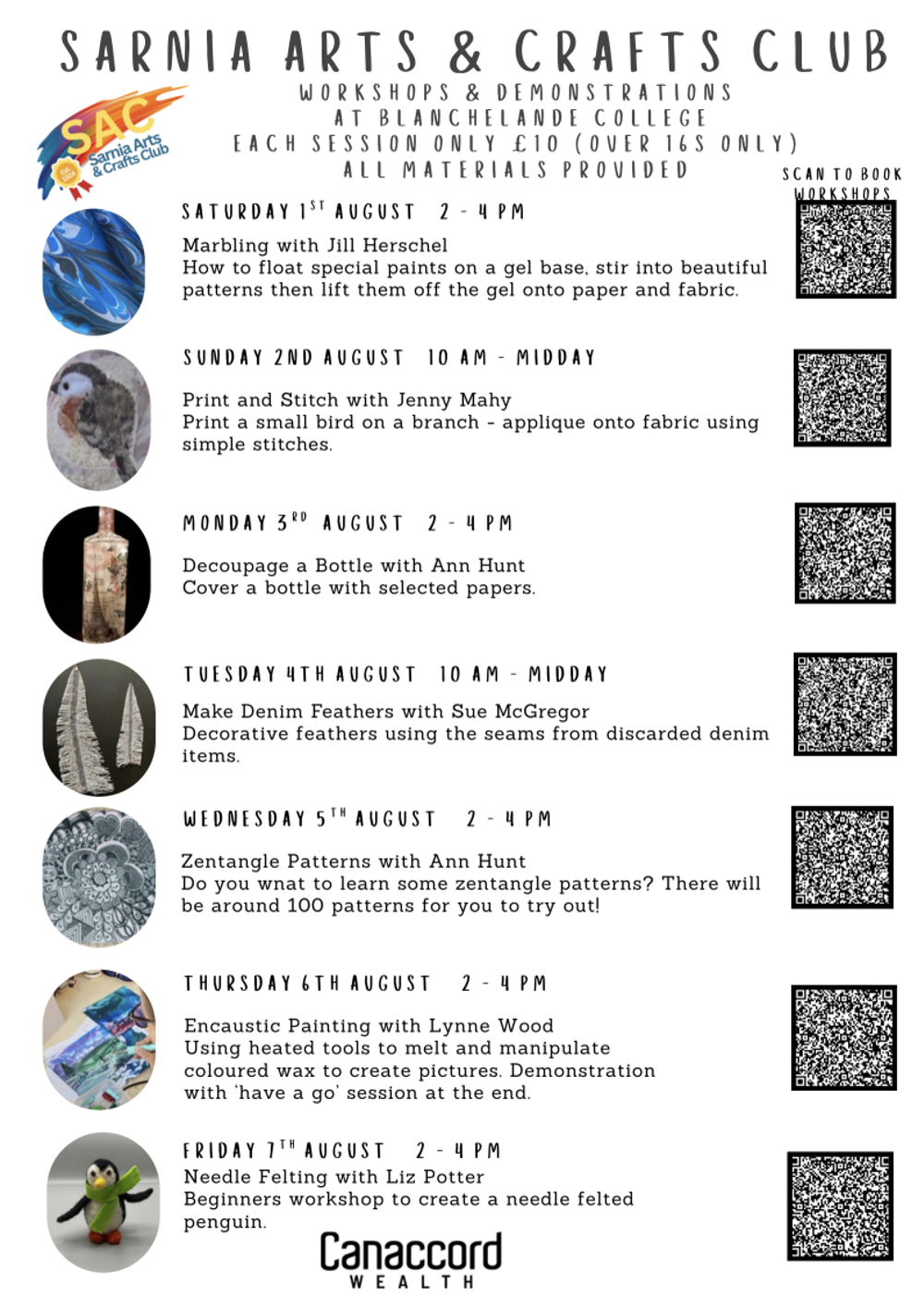 Poster for Sarnia Arts & Crafts Club Summer Workshops